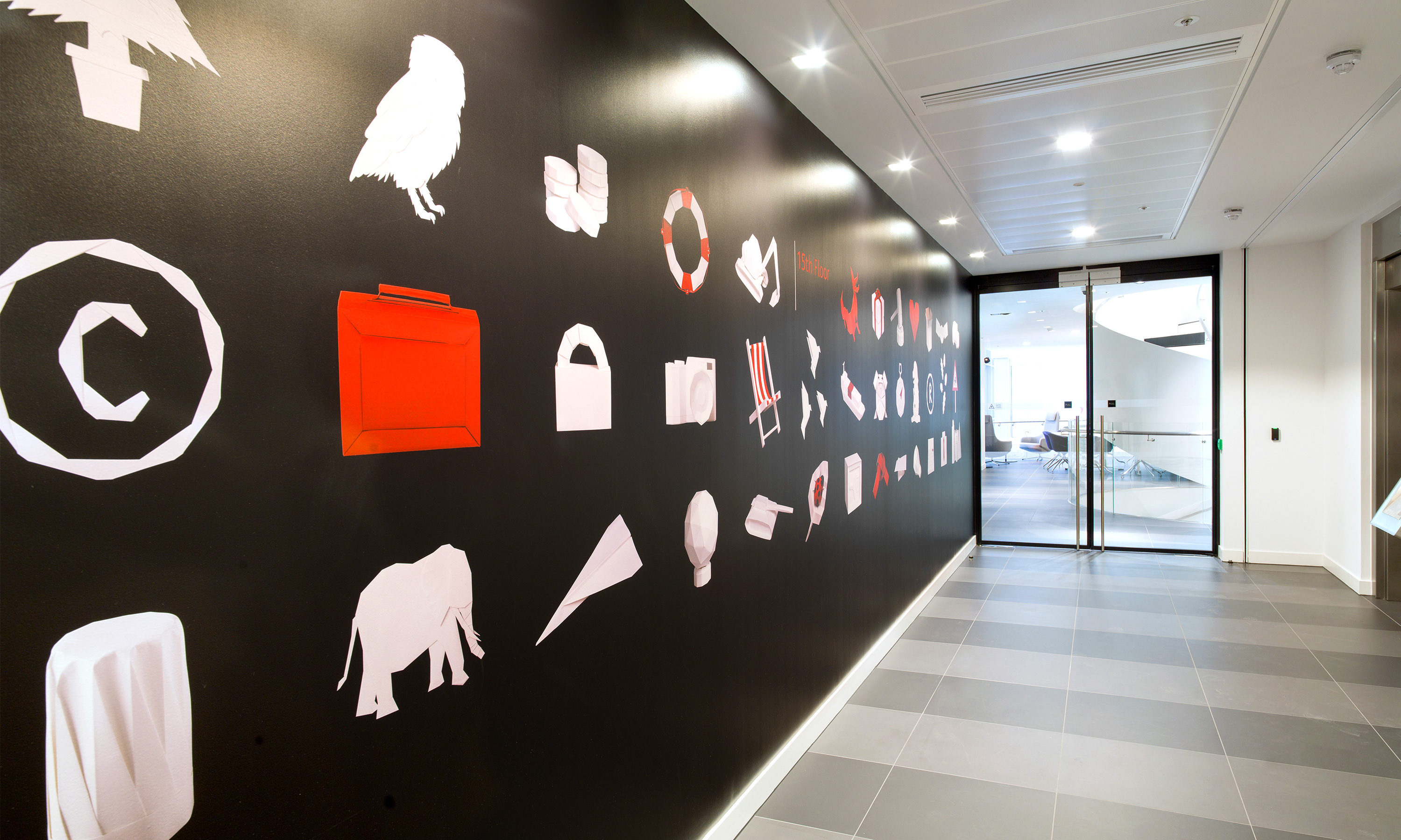 Branding by Neon - Nabarro Law Firm - Law sector branding - 125 London Wall Lift Lobby - origami gallery graphics designed by Dana Robertson