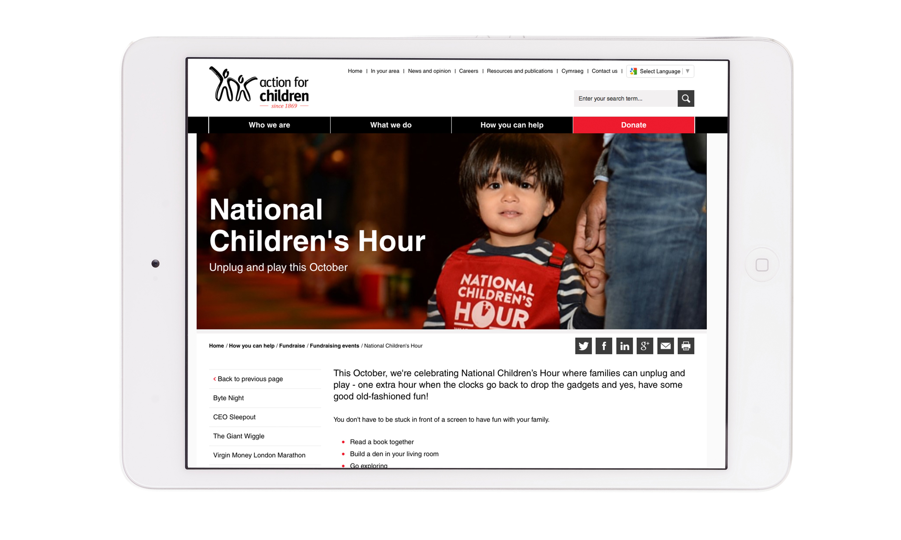 Brand campaign by Neon - designed by Dana Robertson - Charity sector branding - Action for children - National Children’s Hour campaign - website detail featuring child with an apron with National Children’s Hour logo on it