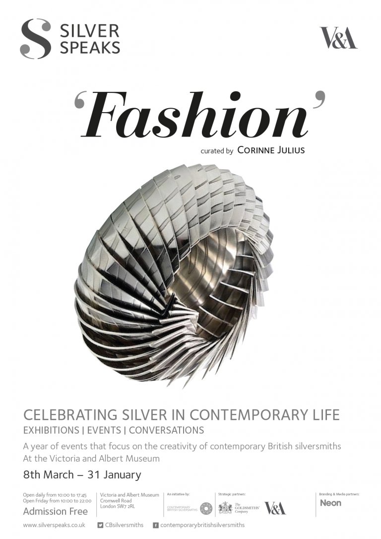Silver Speaks Poster featuring the word 'Fashion' and a silver bangle by Neon Design & Branding Consultancy www.neon-creative.com