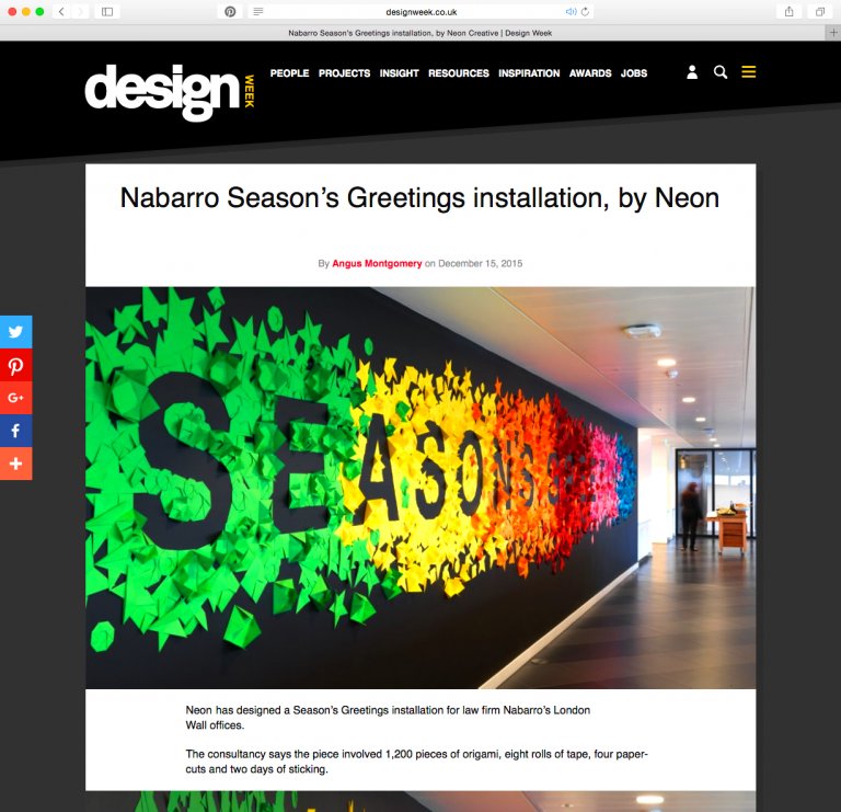 Neon's work for Nabarro origami season's greetings wall features in Design Week 'inspiration' section