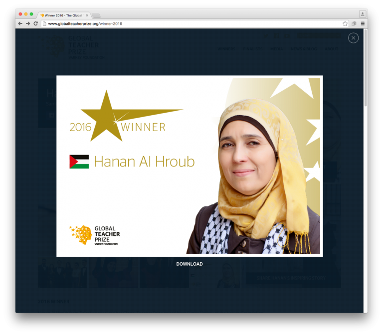 Hanan Al Hroub from Palestine received her Global Teacher Prize award from Sunny Varkey of the Varkey Foundation.