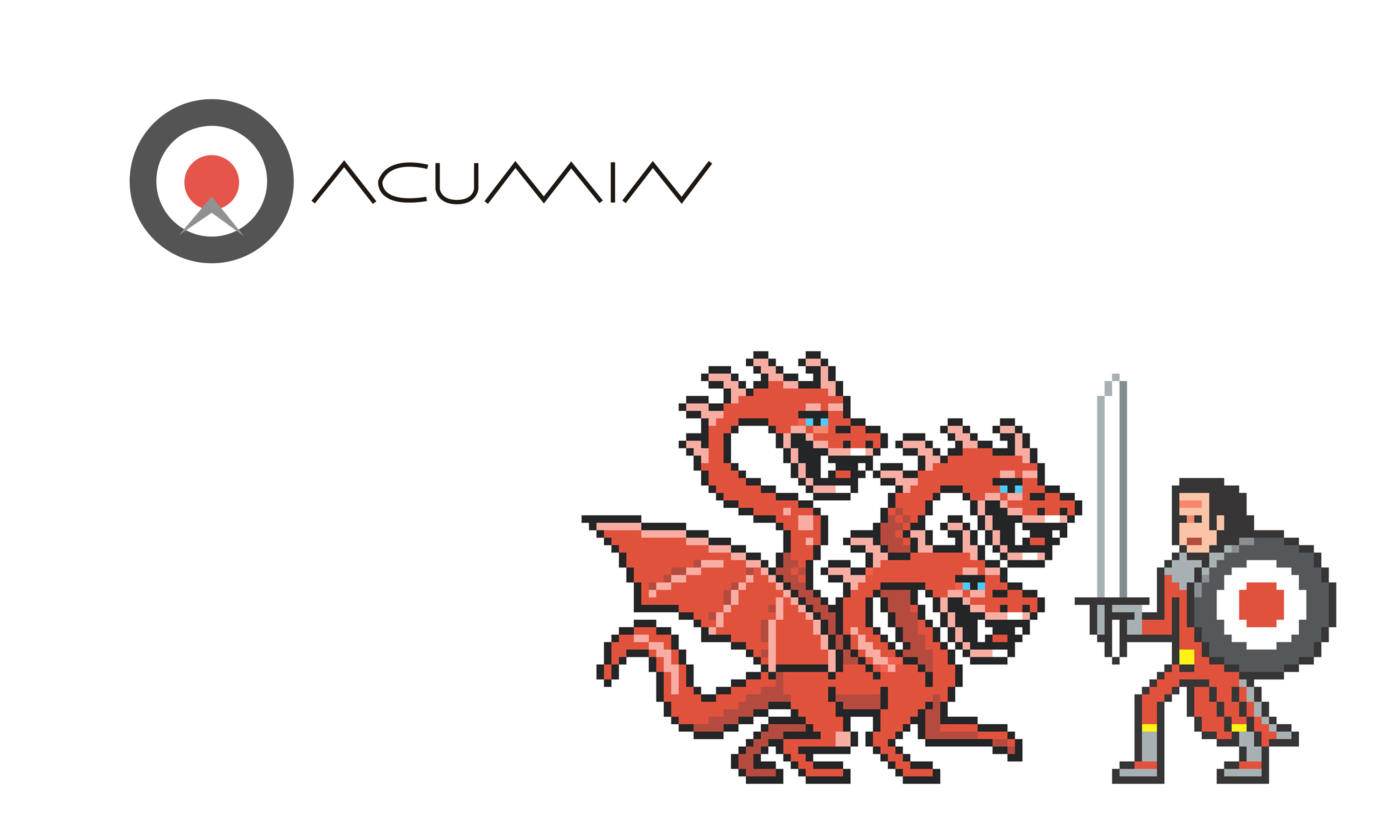 Branding by Neon - Acumin Cyber Security recruitment - Pixel dragon and hero with Acumin logo roundel as shield designed by Dana Robertson