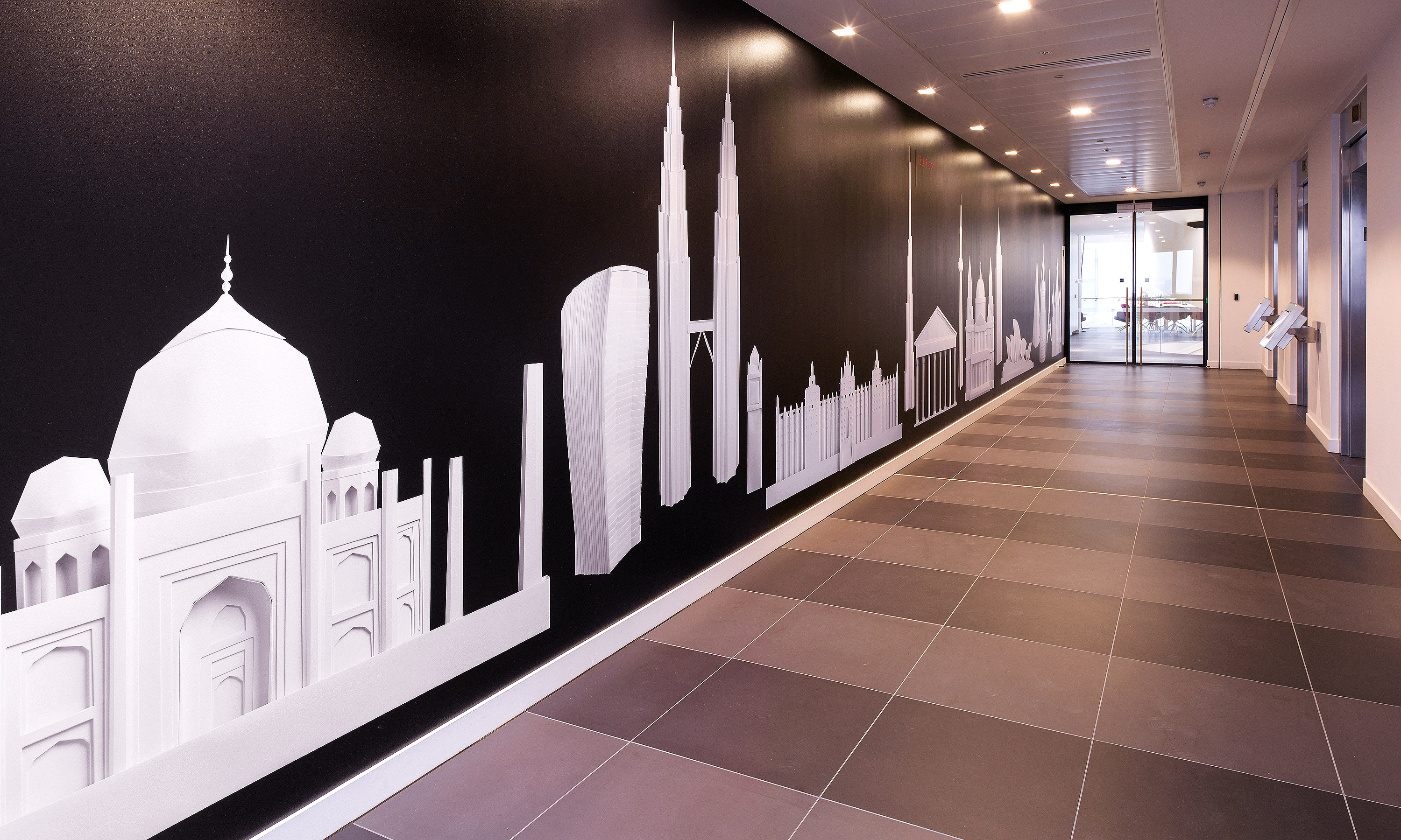Branding by Neon - Nabarro Law Firm - Law sector branding - 125 London Wall Lift Lobby - origami architecture gallery graphics designed by Dana Robertson