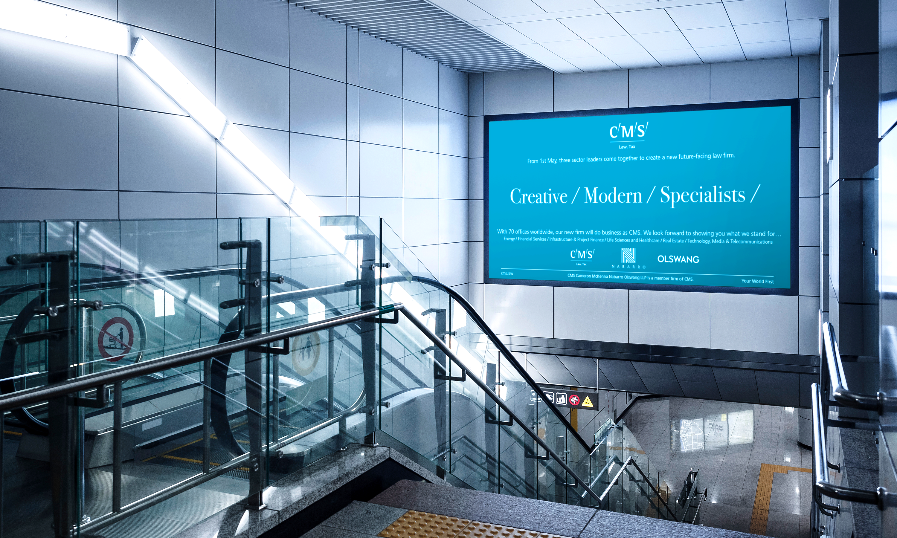 Branding and advertising by Neon - CMS London Law Firm - Law sector branding - Creative Modern Specialist London City Airport advertising designed by Dana Robertson