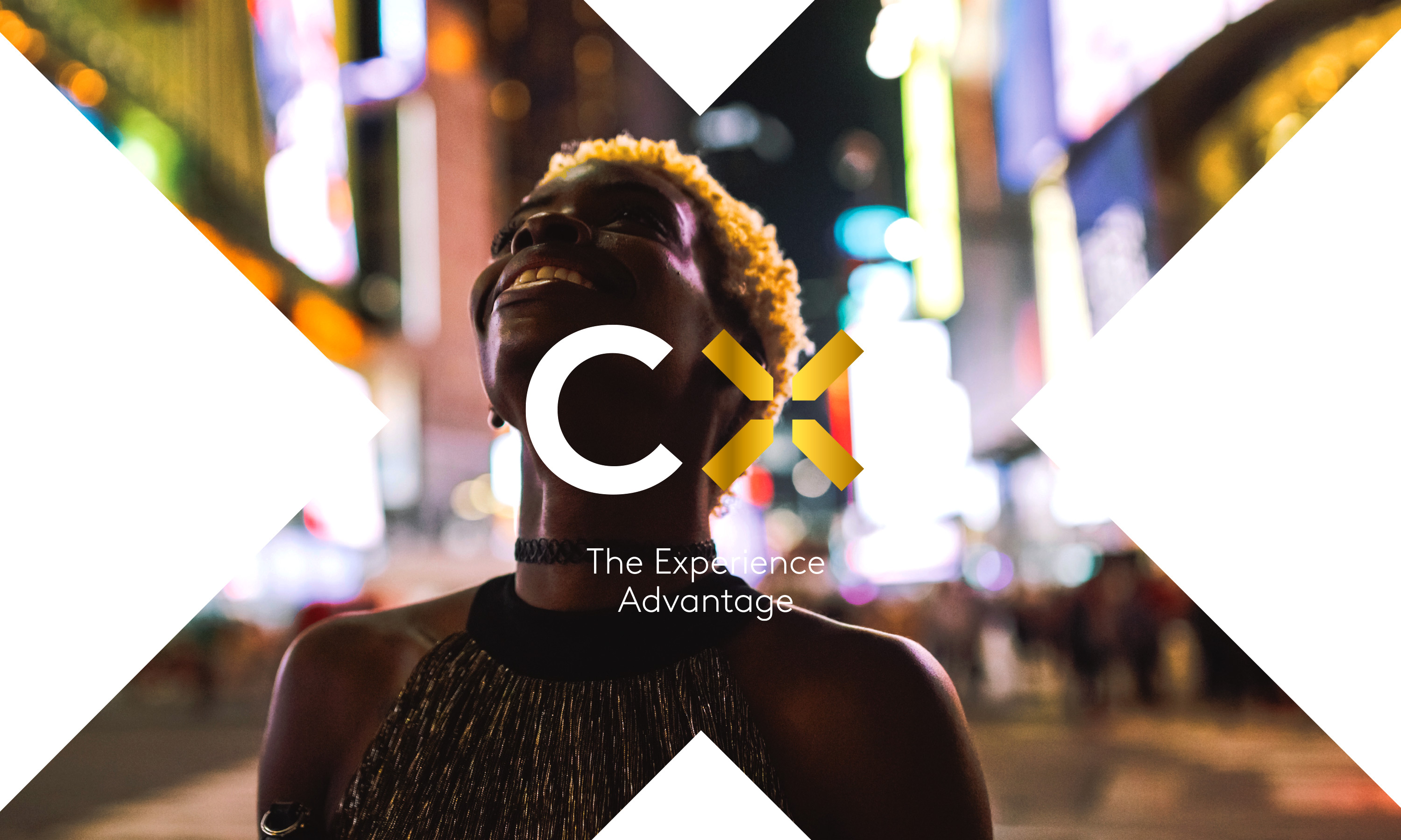 Branding by Neon Kantar CX+ brand mark with strapline over image NYC image with girl looking up